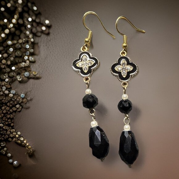 Earrings Dangle Black Obsidian Clover CZ gemstone Jewelry Event Gift New - Picture 1 of 8